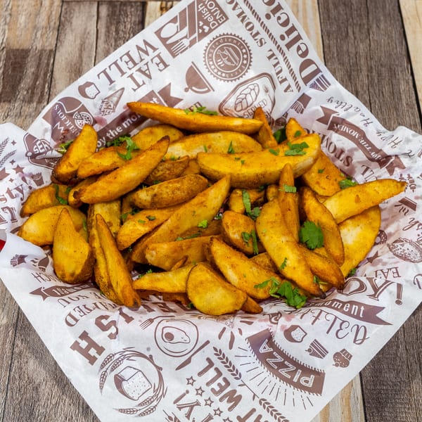 Golden potato wedges sprinkled with fresh herbs, served in a paper-lined basket on a wooden table.