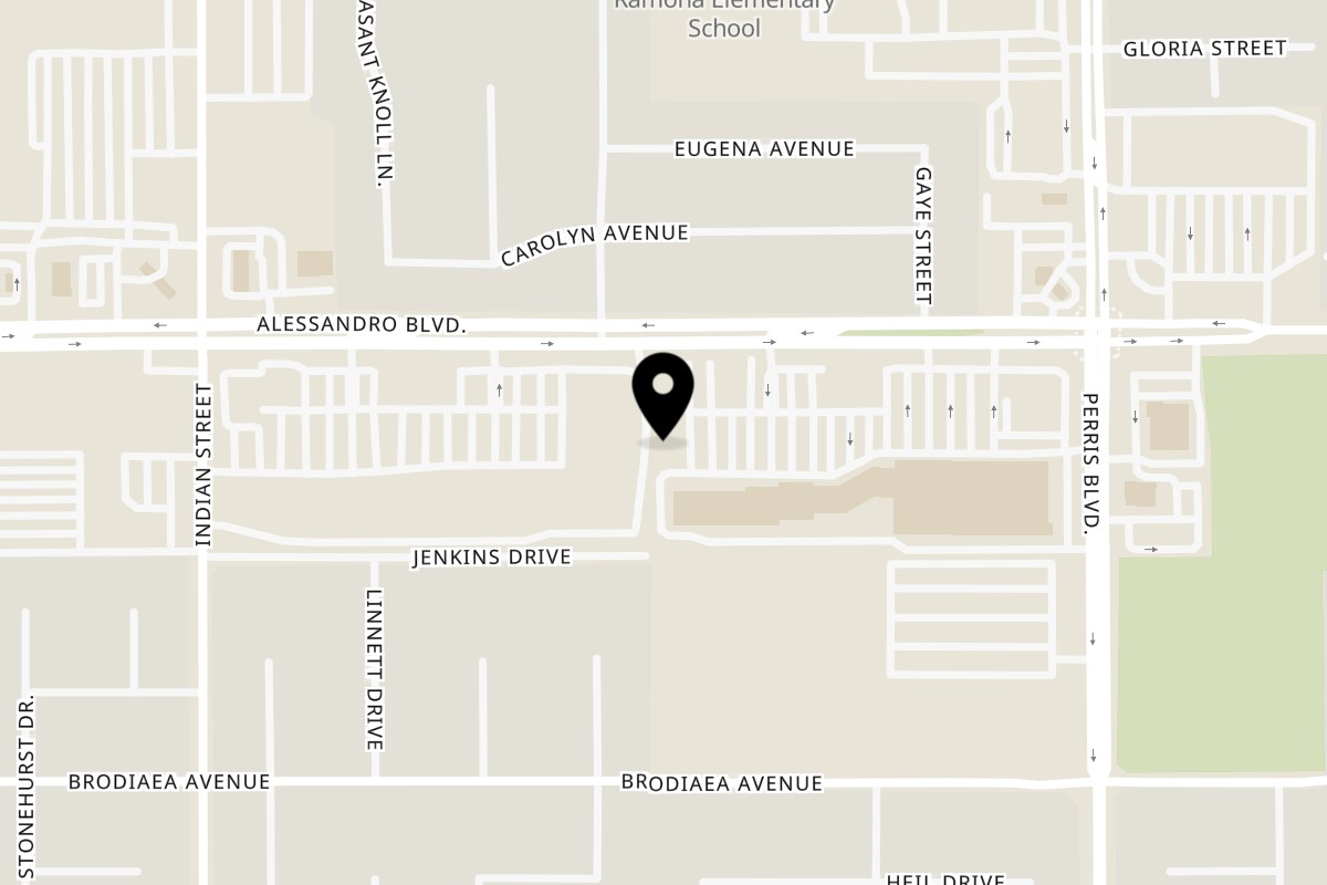 Map showing the location of Dough Bowl Pizza on 24775 Alessandro Blvd 1 3 in Moreno Valley